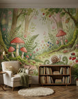Whimsical Fern & Wonder forest mural with mushrooms and ferns on cozy reading nook wall