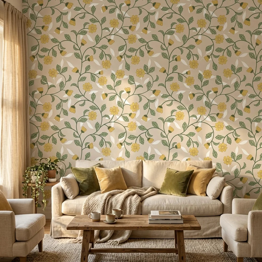 Field Gold yellow botanical peel and stick wallpaper in a warm and inviting living room