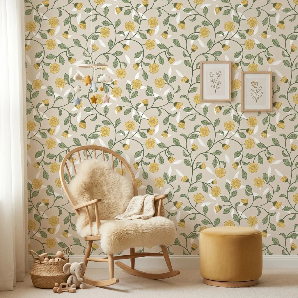 Field Gold yellow botanical peel and stick wallpaper as a feature wall in a bright home office
