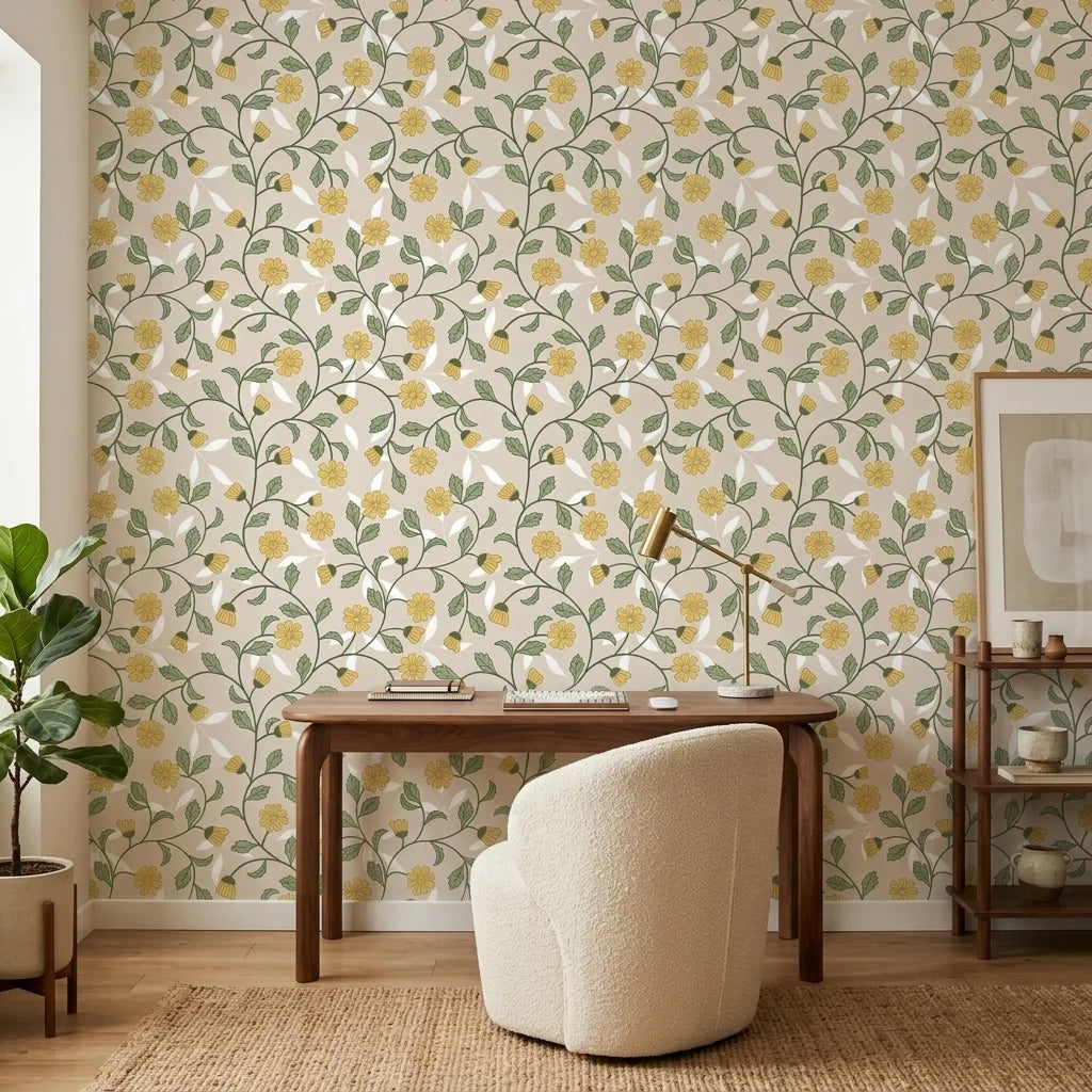 Field Gold yellow botanical peel and stick wallpaper creating ambiance in a serene bathroom