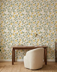 Field Gold yellow botanical peel and stick wallpaper creating ambiance in a serene bathroom