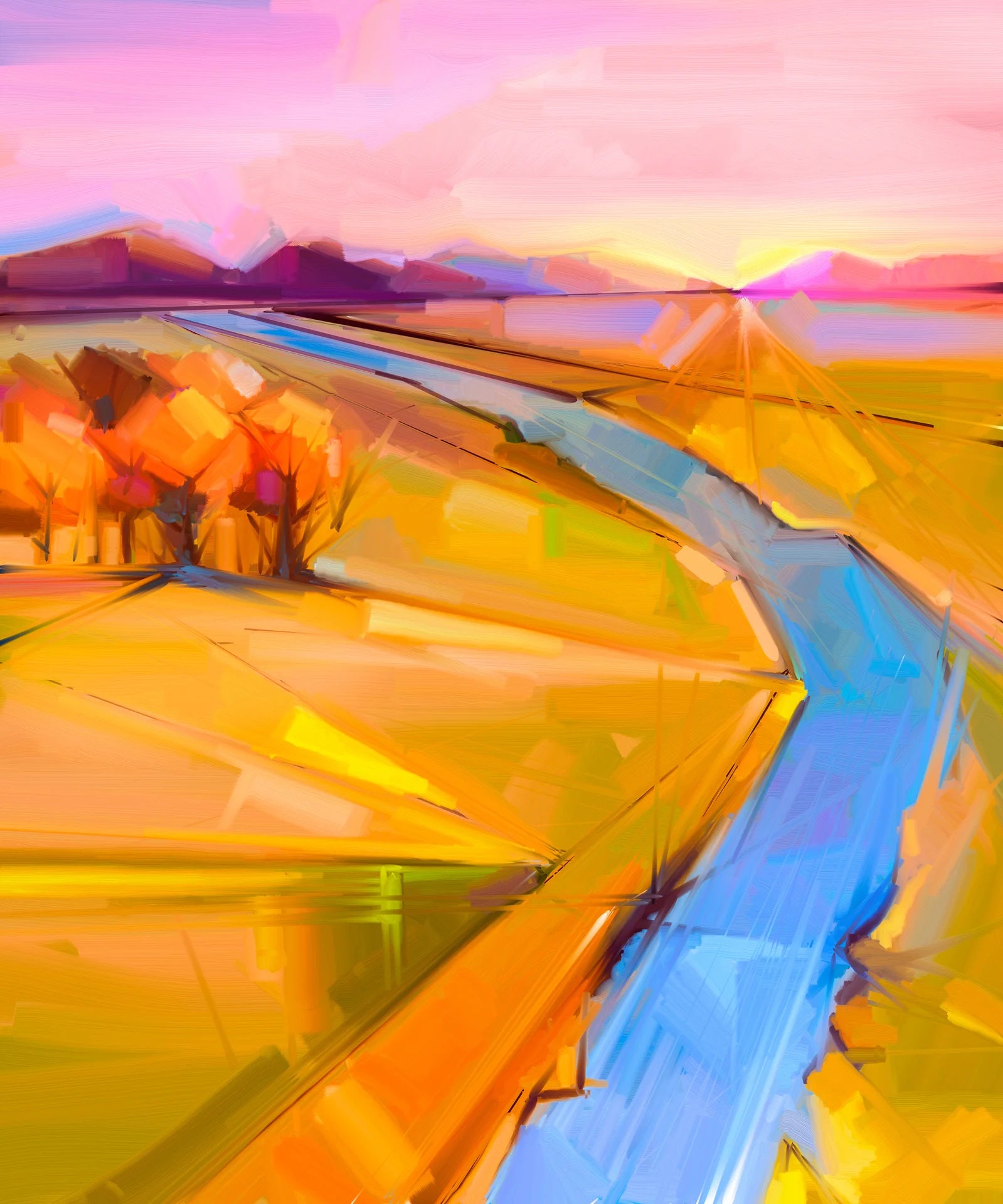 Field & Fire vibrant sunset landscape wallpaper creating ambiance in a serene bathroom
