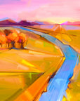 Field & Fire vibrant sunset landscape wallpaper creating ambiance in a serene bathroom
