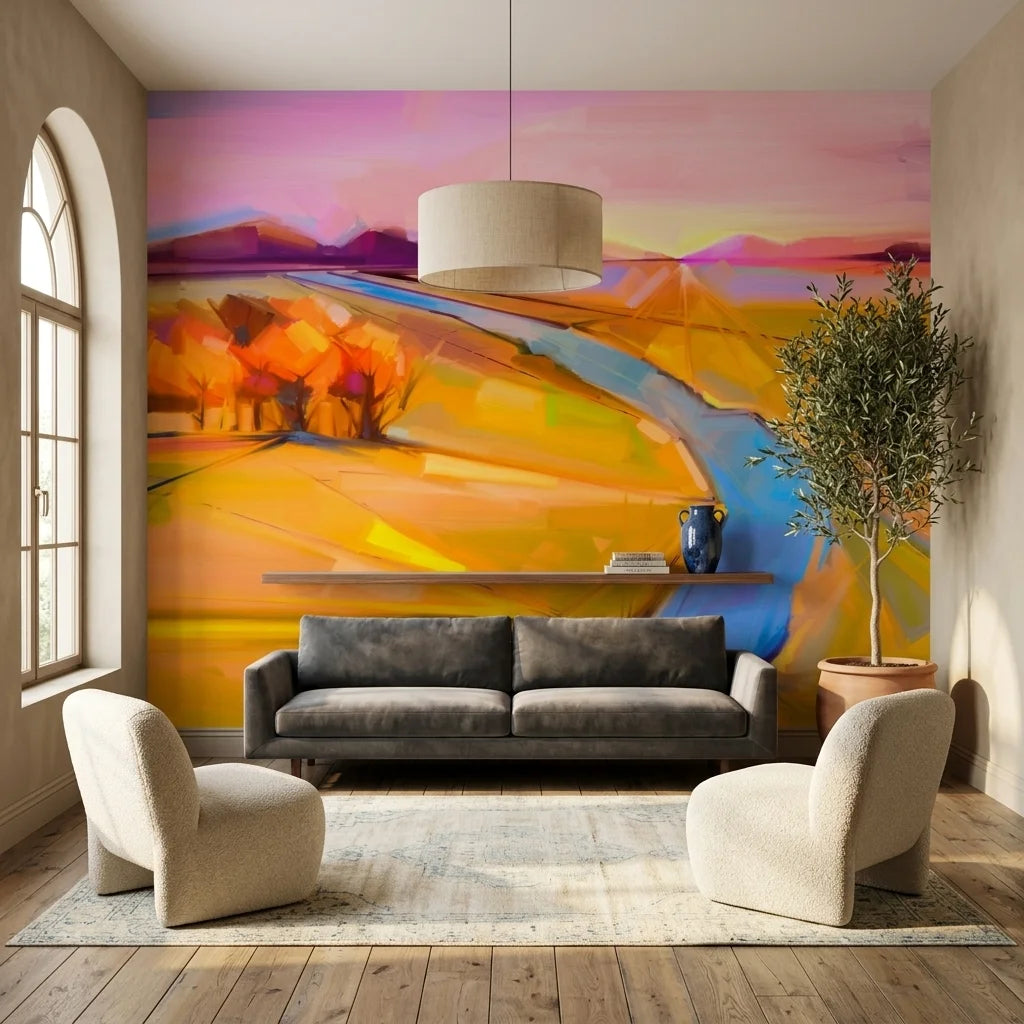 Smooth painterly sunset landscape with golden fields peel and stick wallpaper - Field & Fire