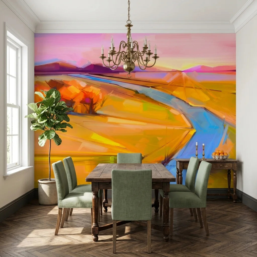 Field & Fire vibrant sunset landscape wallpaper in a warm and inviting living room