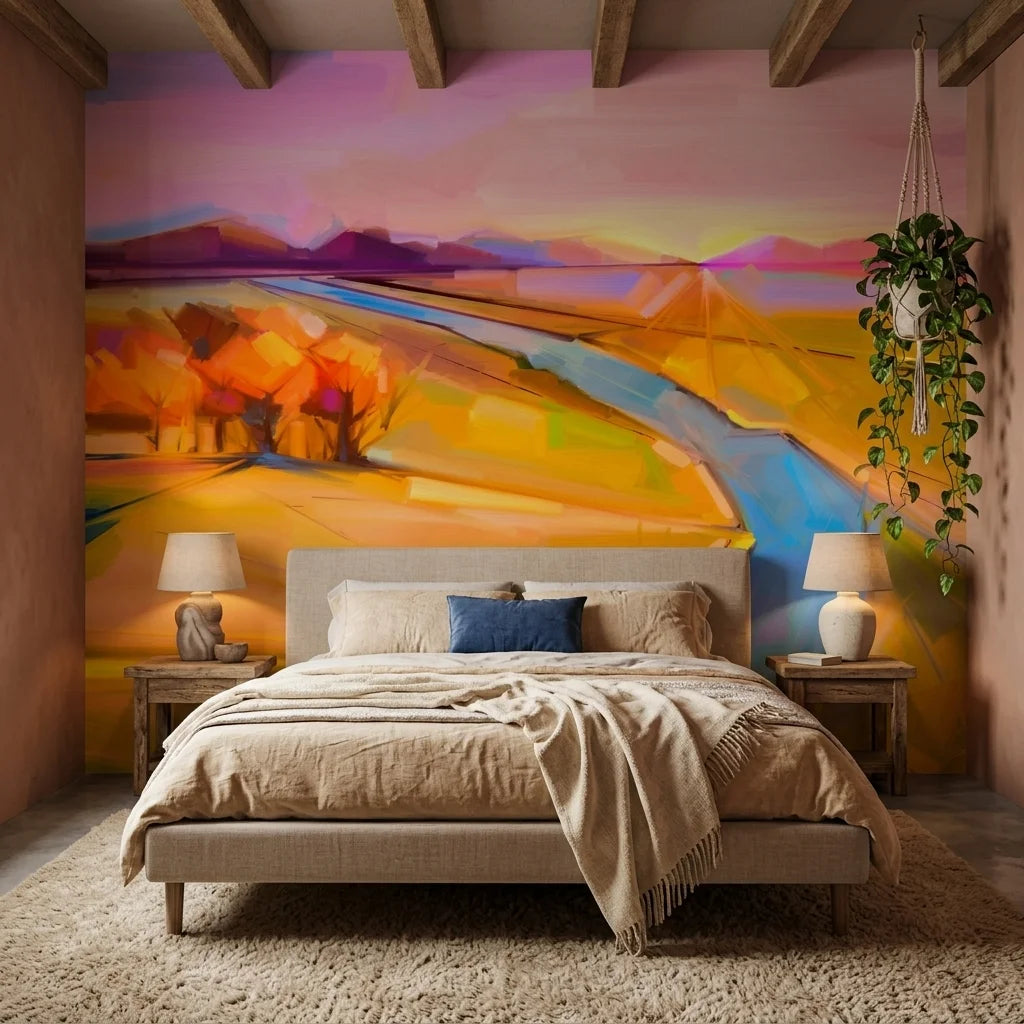 Field & Fire vibrant sunset landscape wallpaper adding character to a cozy bedroom