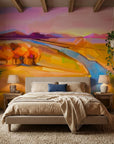 Field & Fire vibrant sunset landscape wallpaper adding character to a cozy bedroom