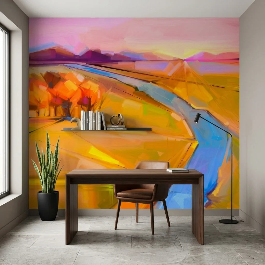 Field & Fire vibrant sunset landscape wallpaper as a feature wall in a bright home office