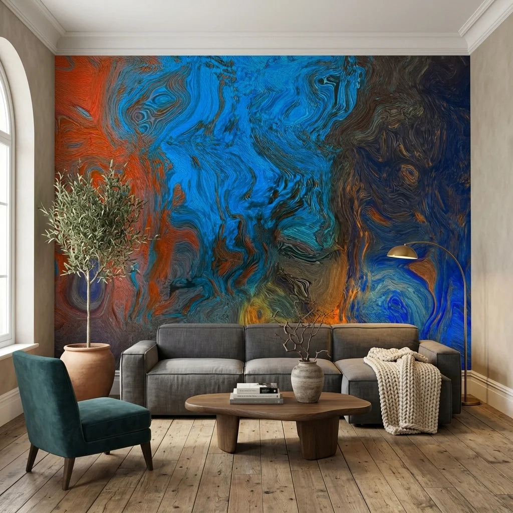 Textured blue and orange abstract fluid peel and stick wallpaper - Fire & Current