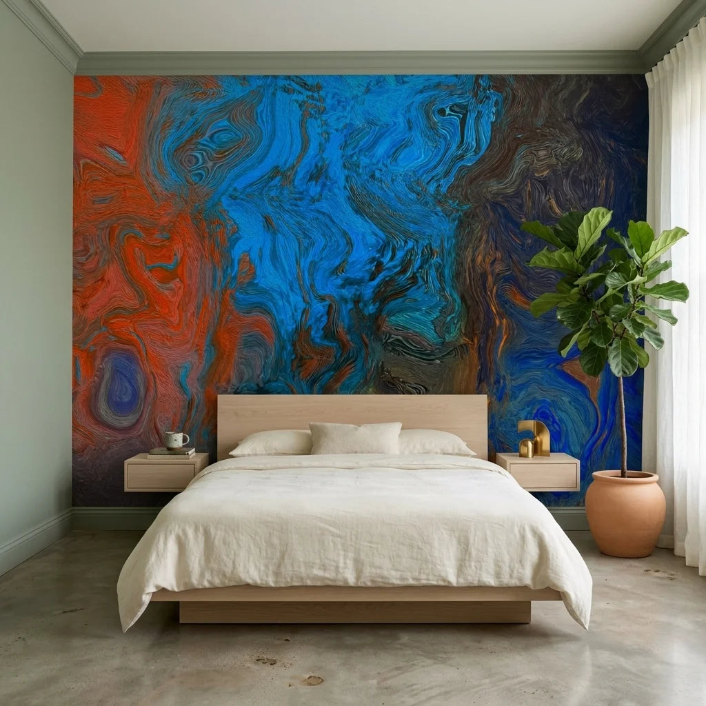Fire & Current bold abstract fluid wallpaper in a warm and inviting living room