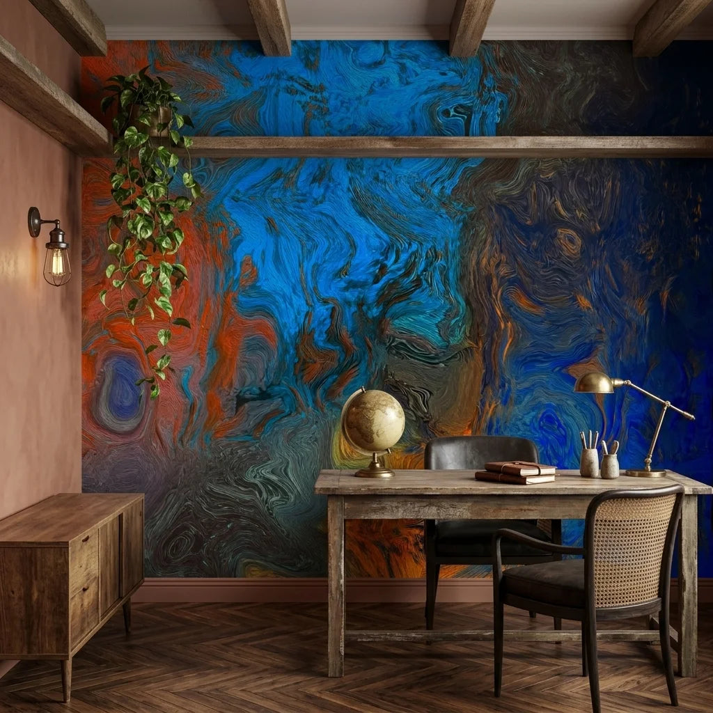 Fire & Current bold abstract fluid wallpaper adding character to a cozy bedroom