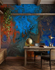 Fire & Current bold abstract fluid wallpaper adding character to a cozy bedroom