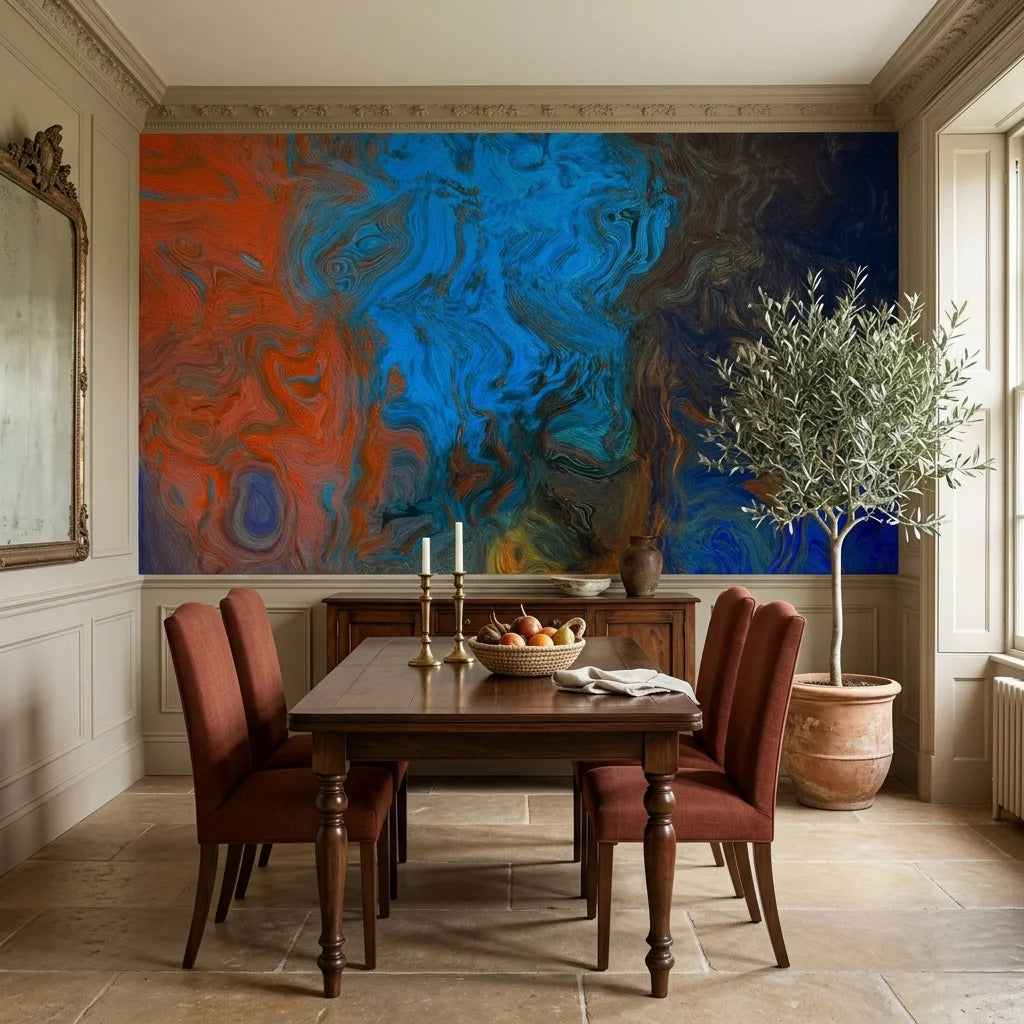 Fire & Current bold abstract fluid wallpaper as a feature wall in a bright home office