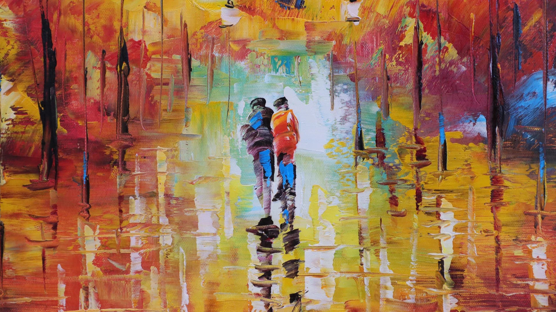 Fire & Rain vibrant impressionist cityscape wallpaper creating ambiance in a serene bathroom