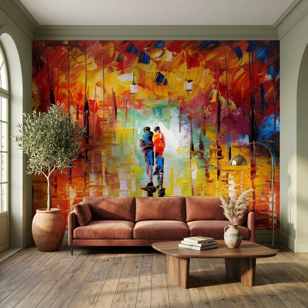 Canvas-like vibrant impressionist rainy cityscape peel and stick wallpaper - Fire & Rain