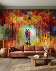 Canvas-like vibrant impressionist rainy cityscape peel and stick wallpaper - Fire & Rain