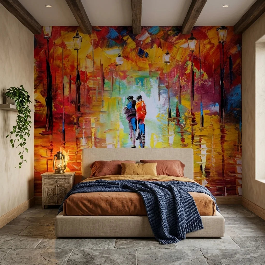 Fire & Rain vibrant impressionist cityscape wallpaper in a warm and inviting living room