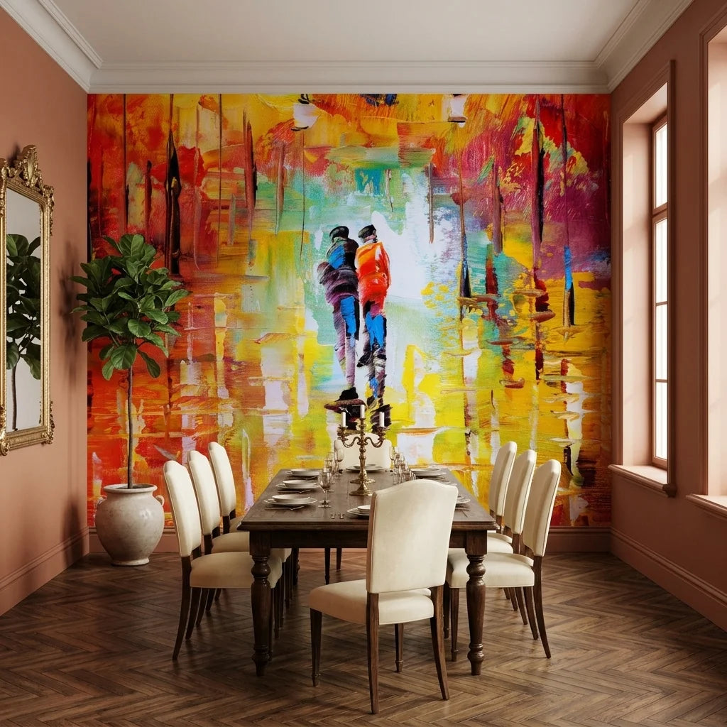 Fire & Rain vibrant impressionist cityscape wallpaper adding character to a cozy bedroom
