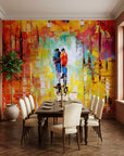 Fire & Rain vibrant impressionist cityscape wallpaper adding character to a cozy bedroom