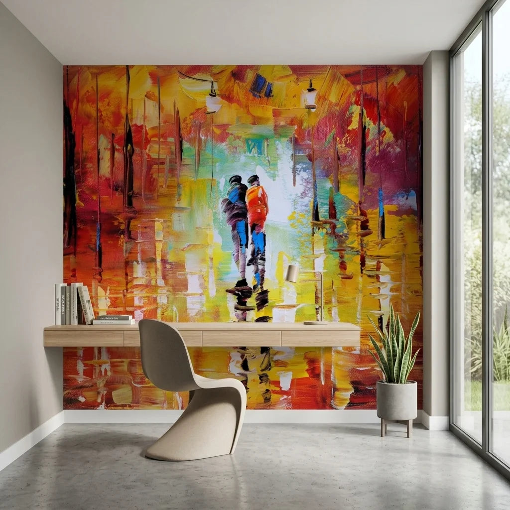 Fire & Rain vibrant impressionist cityscape wallpaper as a feature wall in a bright home office
