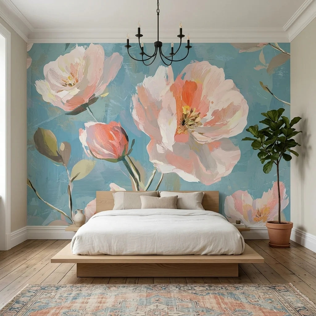 Soft pink and coral watercolor poppies on turquoise blue First Blush removable wallpaper in modern bedroom