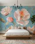 Soft pink and coral watercolor poppies on turquoise blue First Blush removable wallpaper in modern bedroom