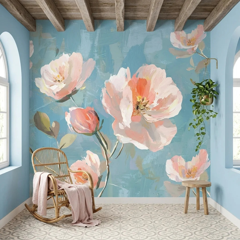 First Blush watercolor floral wallpaper with oversized pink poppies on soft blue background in sunlit room