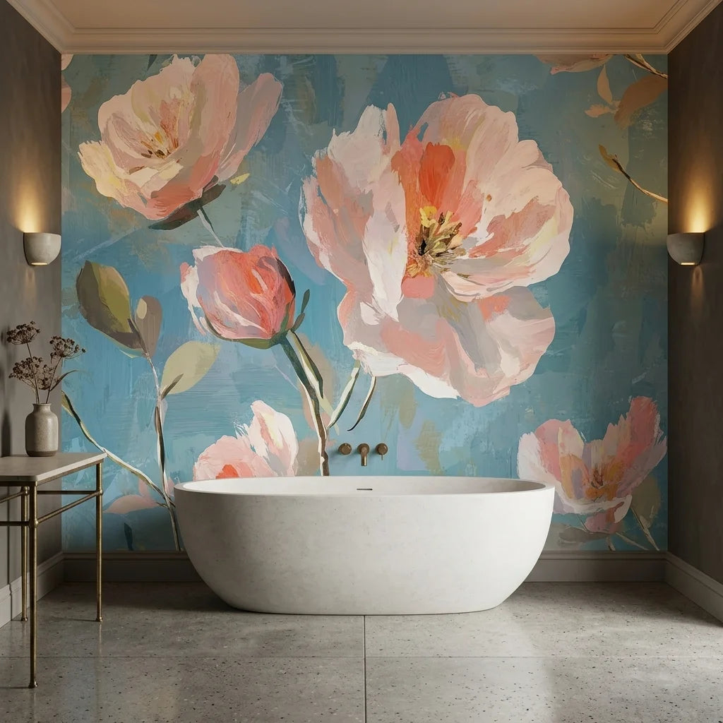 First Blush floral mural wallpaper with coral peonies on teal blue in modern bathroom setting