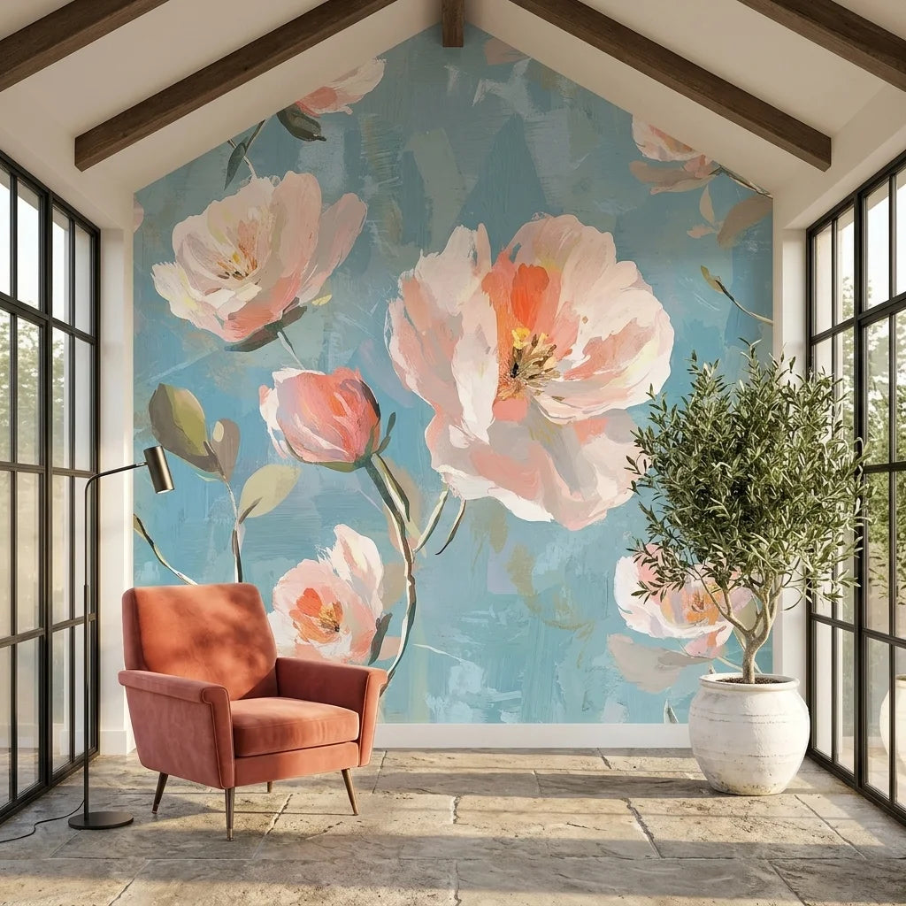 Coral and pink First Blush floral wallpaper on sunlit accent wall with painted botanical blooms