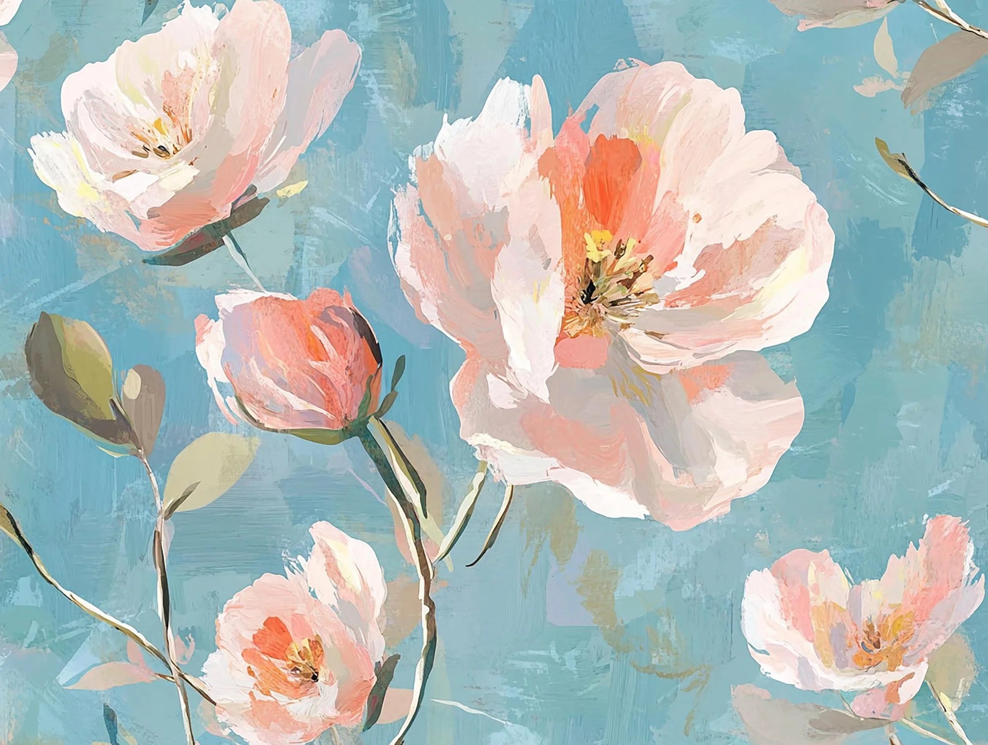 Impressionistic First Blush wallpaper with coral and blush peonies on textured turquoise blue background
