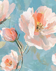 Impressionistic First Blush wallpaper with coral and blush peonies on textured turquoise blue background