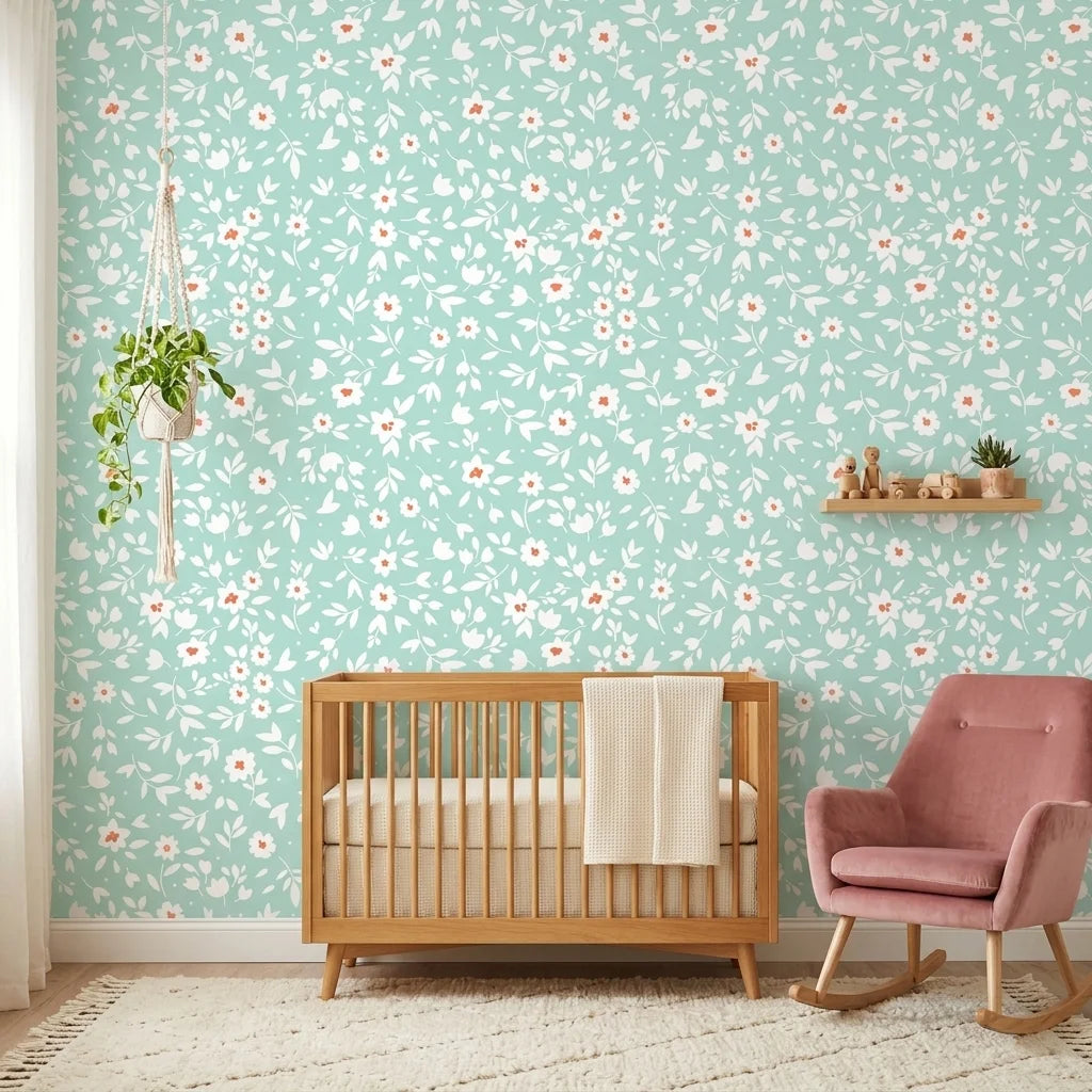 First Bloom aqua floral peel and stick wallpaper in a warm and inviting living room