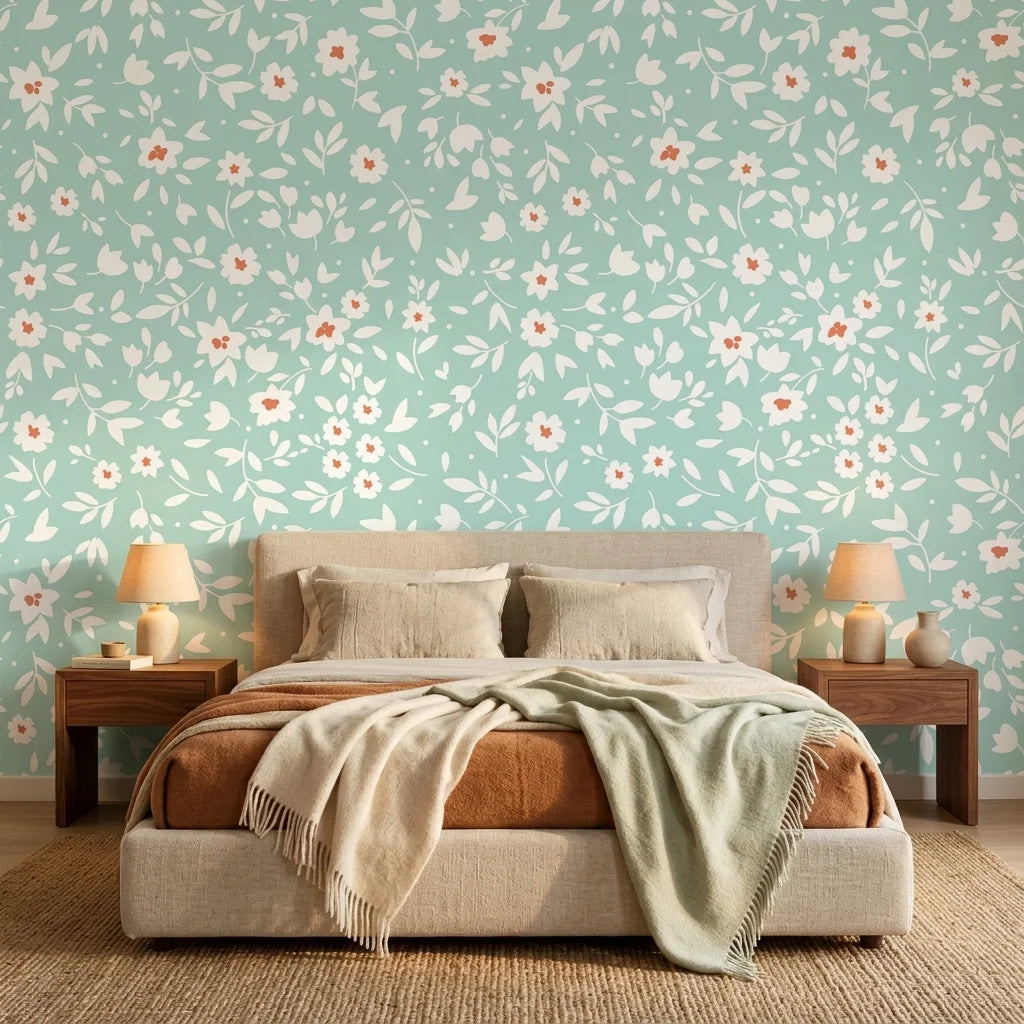 First Bloom aqua floral peel and stick wallpaper adding character to a cozy bedroom
