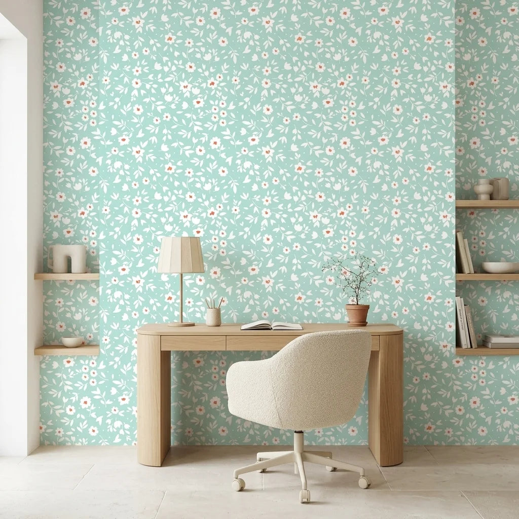 First Bloom aqua floral peel and stick wallpaper as a feature wall in a bright home office