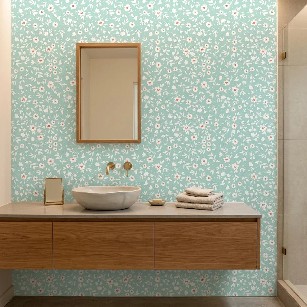 First Bloom aqua floral peel and stick wallpaper creating ambiance in a serene bathroom