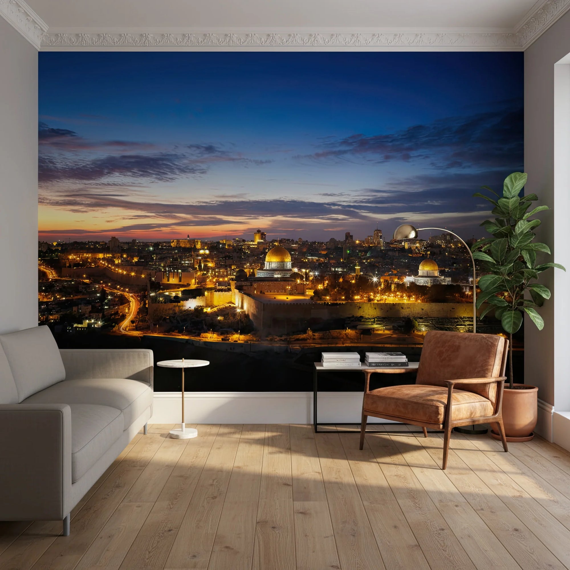 Jerusalem skyline First Light wallpaper mural showing Dome of the Rock at twilight in modern living room