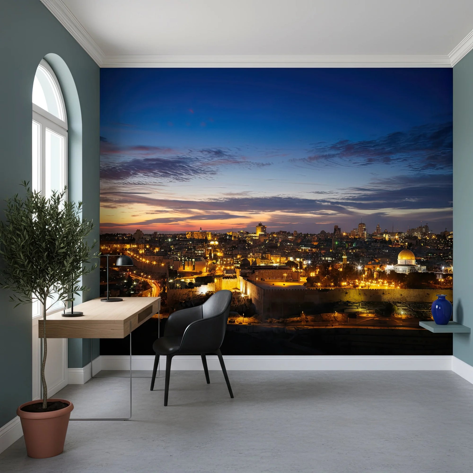 Jerusalem skyline at dusk First Light mural wallpaper with golden city lights and dramatic blue sunset clouds