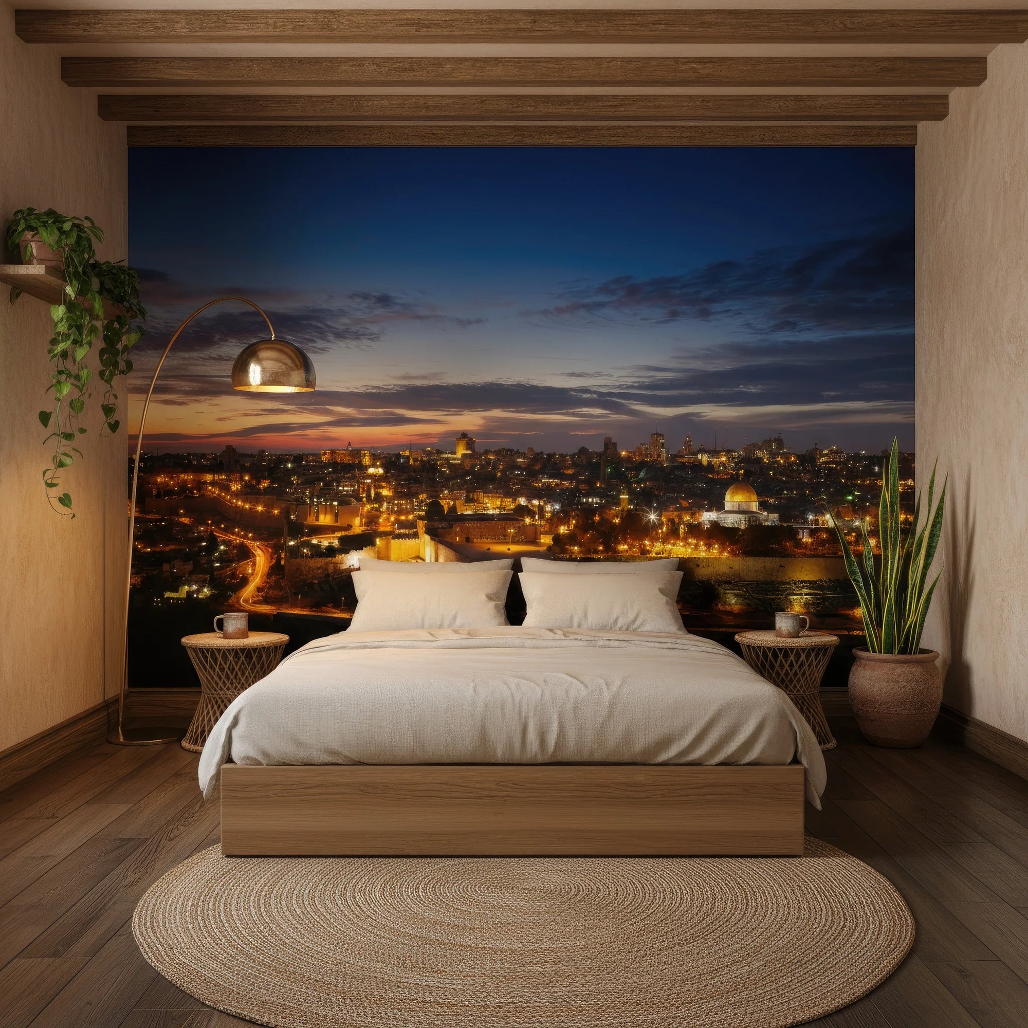 First Light cityscape wallpaper mural showing Jerusalem at twilight in modern bedroom setting