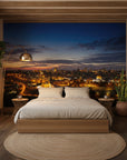 First Light cityscape wallpaper mural showing Jerusalem at twilight in modern bedroom setting