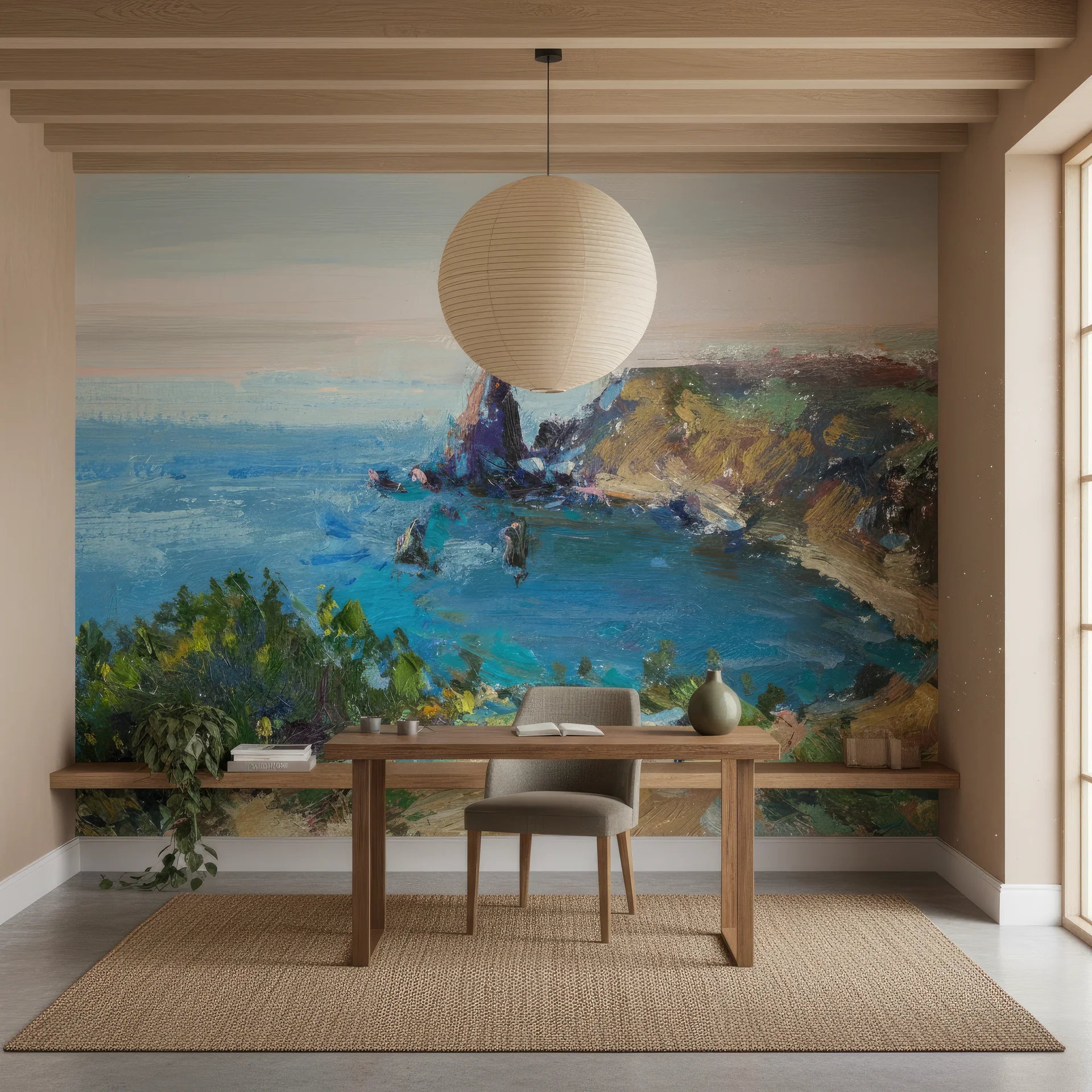 First light of sunrise mirrored in calm water surface peel and stick