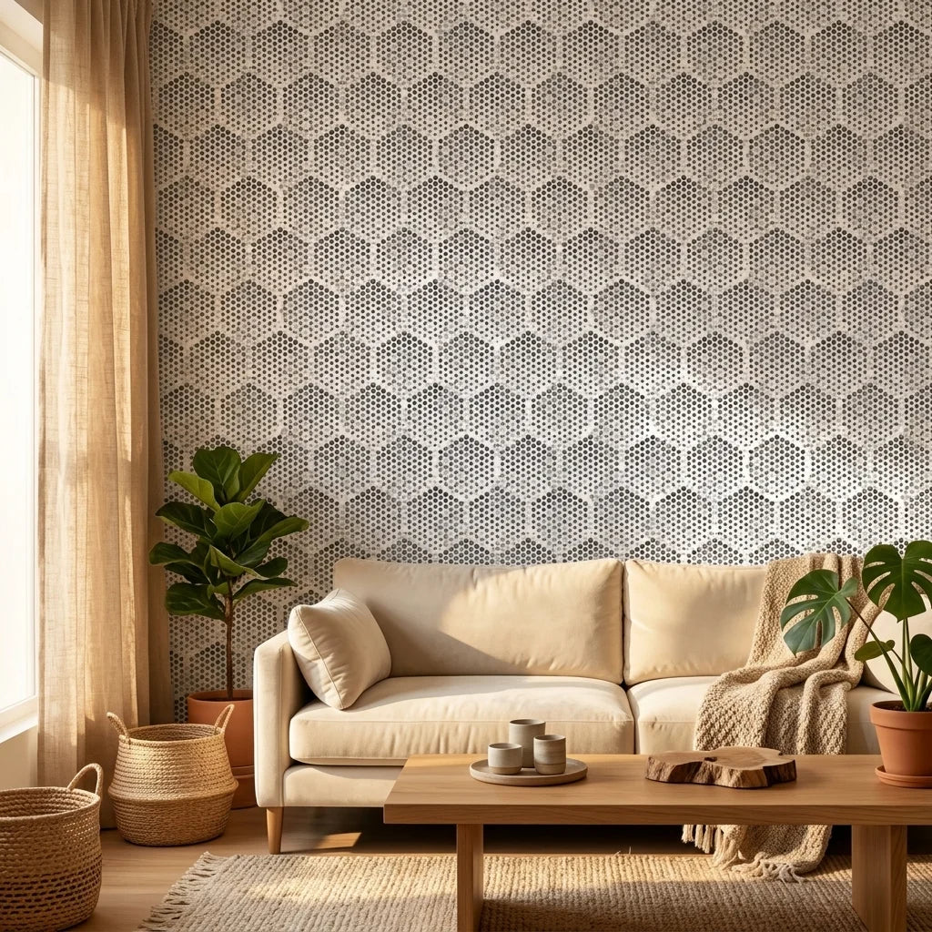 First Snow grey polka dot peel and stick wallpaper in a warm and inviting living room