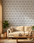 First Snow grey polka dot peel and stick wallpaper in a warm and inviting living room