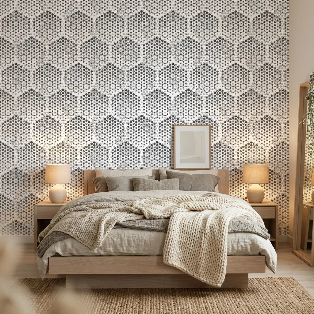 First Snow grey polka dot peel and stick wallpaper adding character to a cozy bedroom