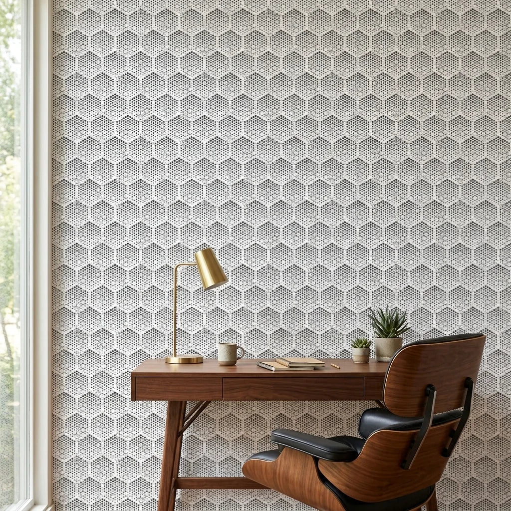 First Snow grey polka dot peel and stick wallpaper as a feature wall in a bright home office