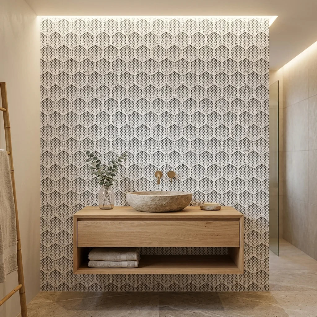 First Snow grey polka dot peel and stick wallpaper creating ambiance in a serene bathroom