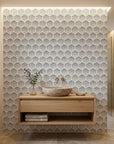 First Snow grey polka dot peel and stick wallpaper creating ambiance in a serene bathroom