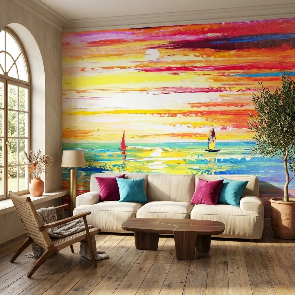 Textured colorful sunset seascape with sailboats peel and stick wallpaper - Flame Passage