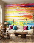 Textured colorful sunset seascape with sailboats peel and stick wallpaper - Flame Passage