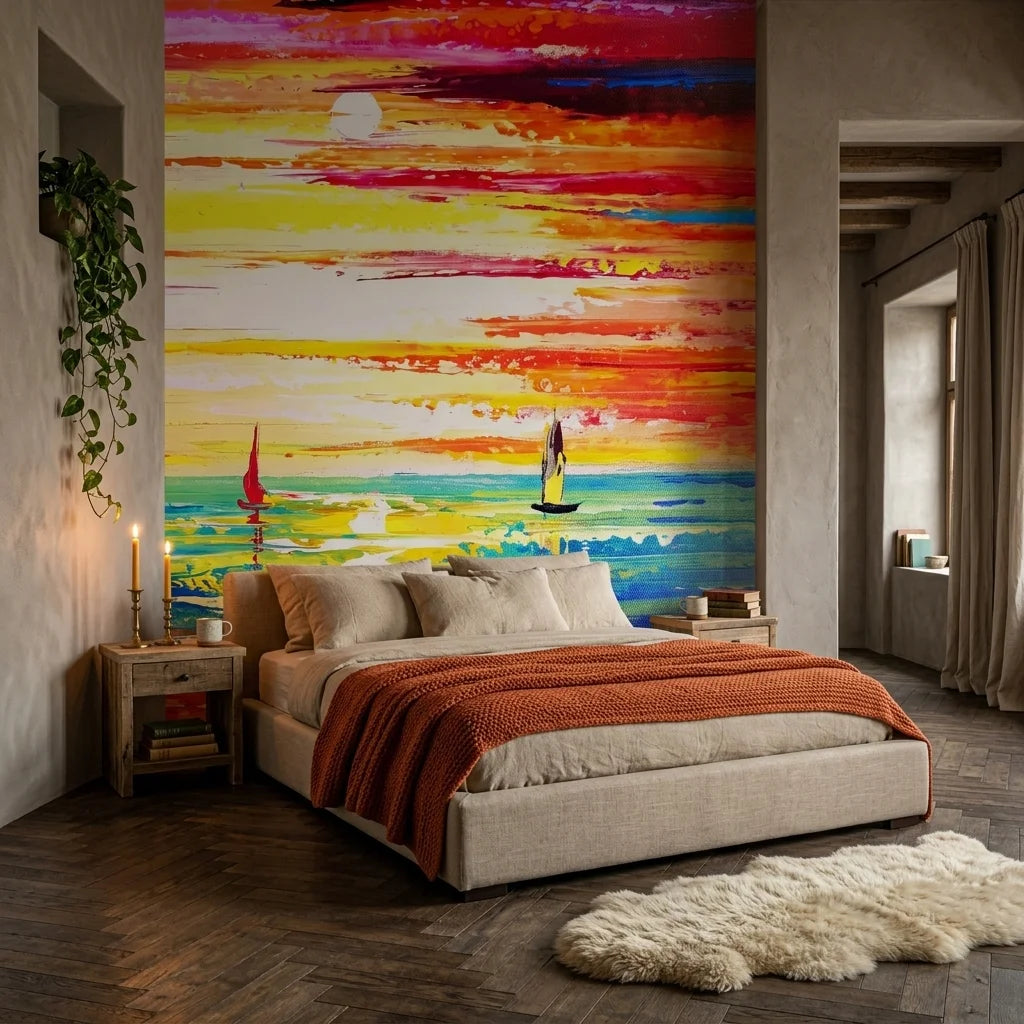 Flame Passage colorful sunset seascape wallpaper in a warm and inviting living room