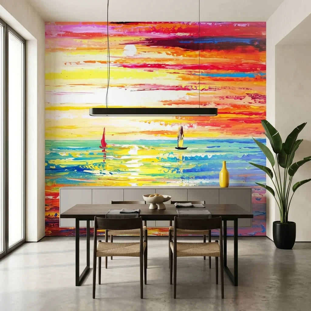 Flame Passage colorful sunset seascape wallpaper adding character to a cozy bedroom